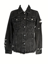 Jackets - Vintage Ripped Raw Hem Flap Pockets Long Sleeve Denim Jacket - MsDressly