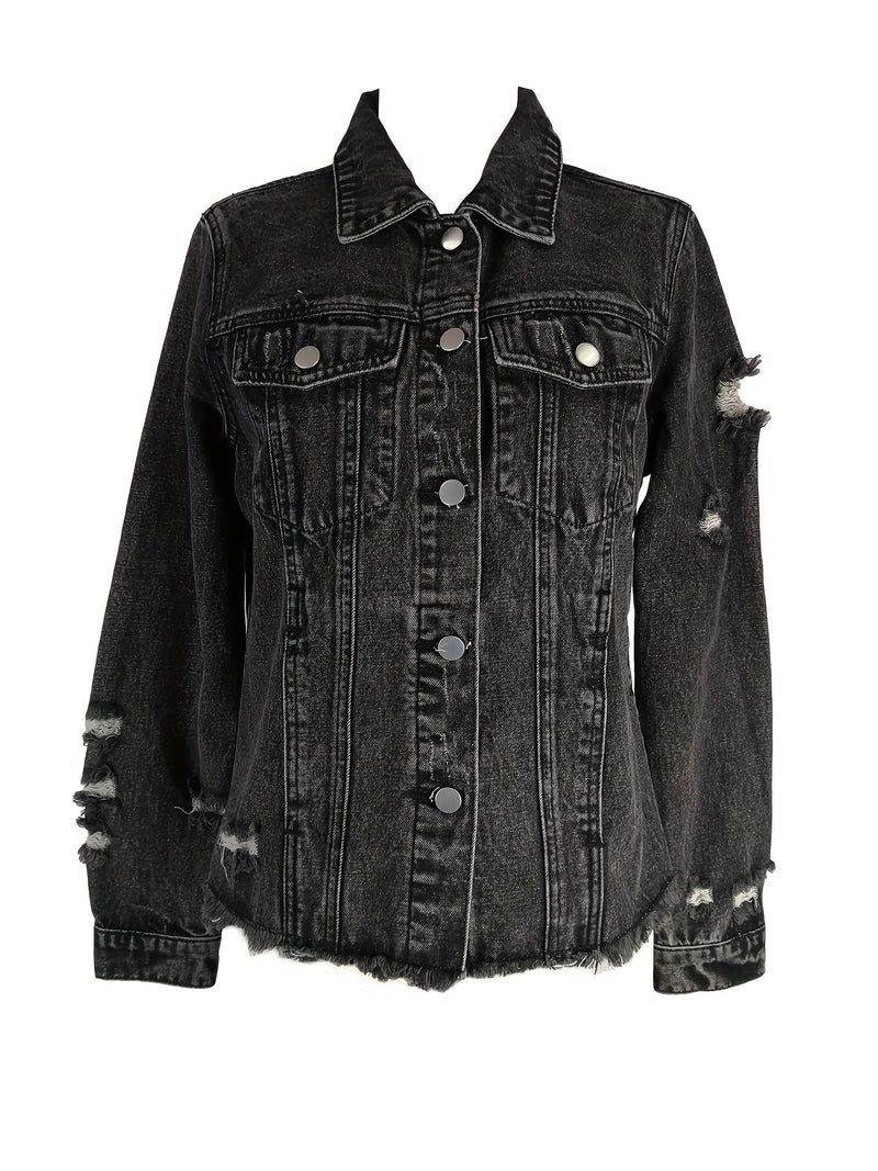 Jackets - Vintage Ripped Raw Hem Flap Pockets Long Sleeve Denim Jacket - MsDressly