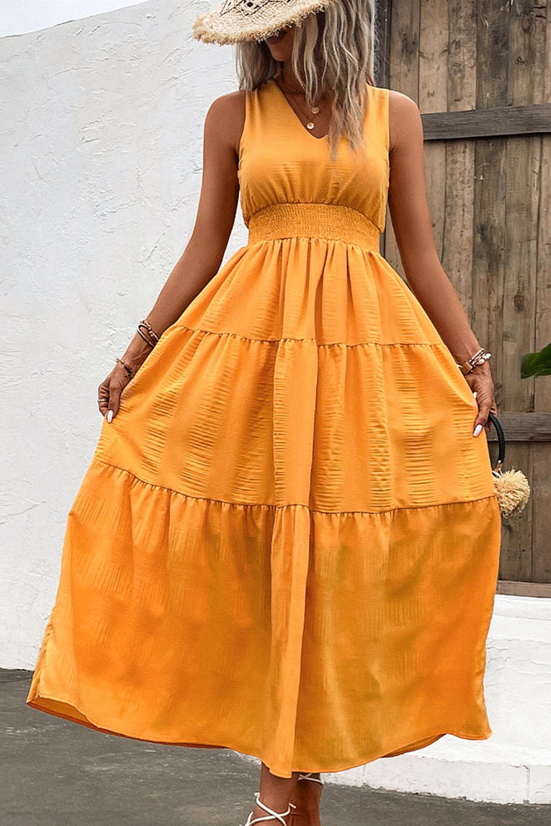 Amsoin V Neck Smocked Waist Sleeveless Tiered Dress