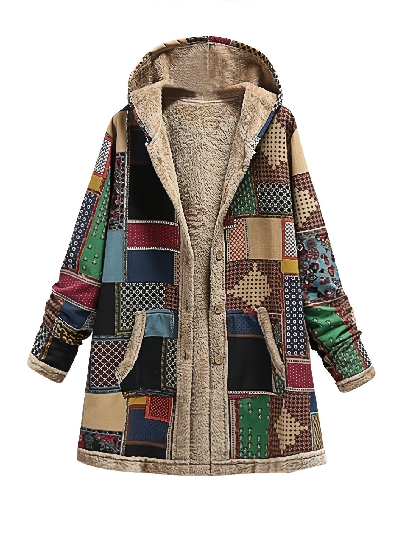 Coats - Vintage Patchwork Printed Long Sleeve Button-Up Hooded Coat - MsDressly