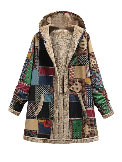 Coats - Vintage Patchwork Printed Long Sleeve Button-Up Hooded Coat - MsDressly