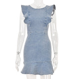 Amsoin O Neck Flouncing Denim Dress