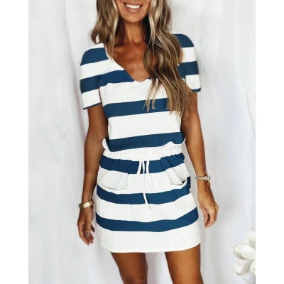 Amsoin Striped Drawstring Short Sleeve Dress