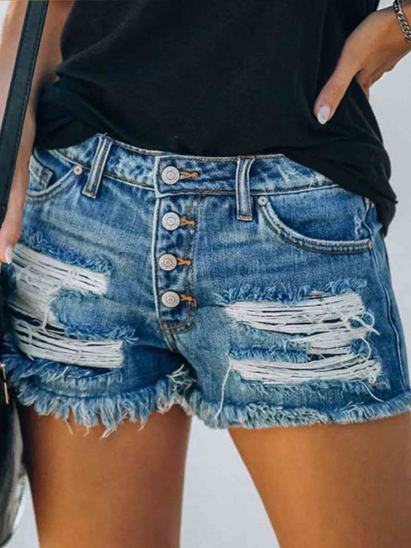 Amsoin Ripped Print Denim Shorts