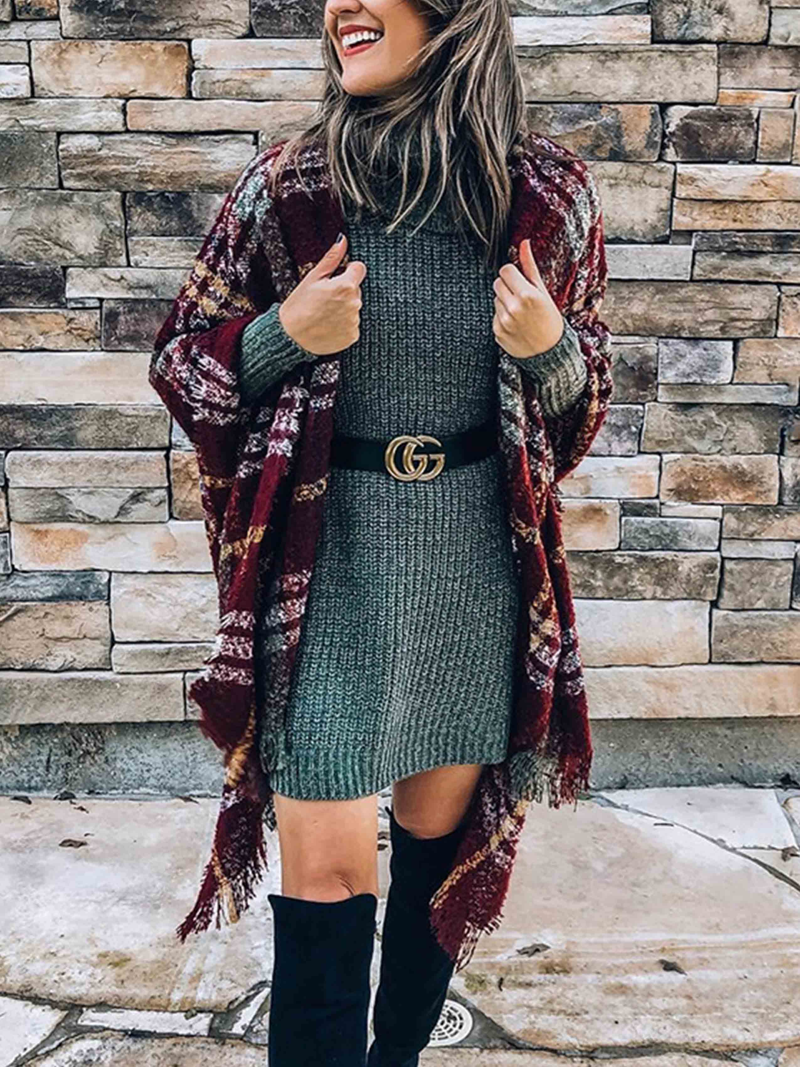 Amsoin Plaid Fringed Knit Shawl Coat