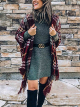 Amsoin Plaid Fringed Knit Shawl Coat