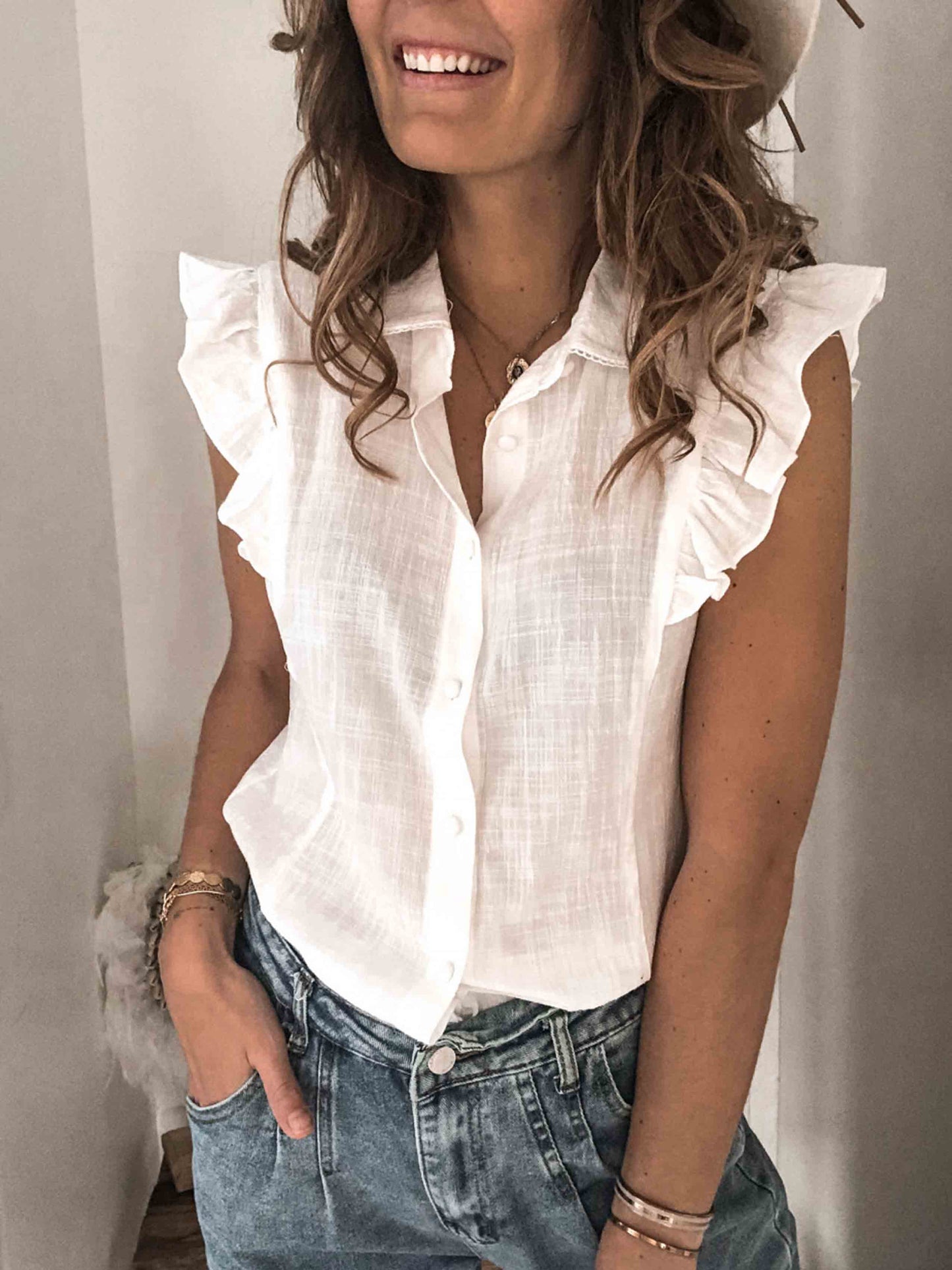 Amsoin Lapel Button Ruffled Shirt