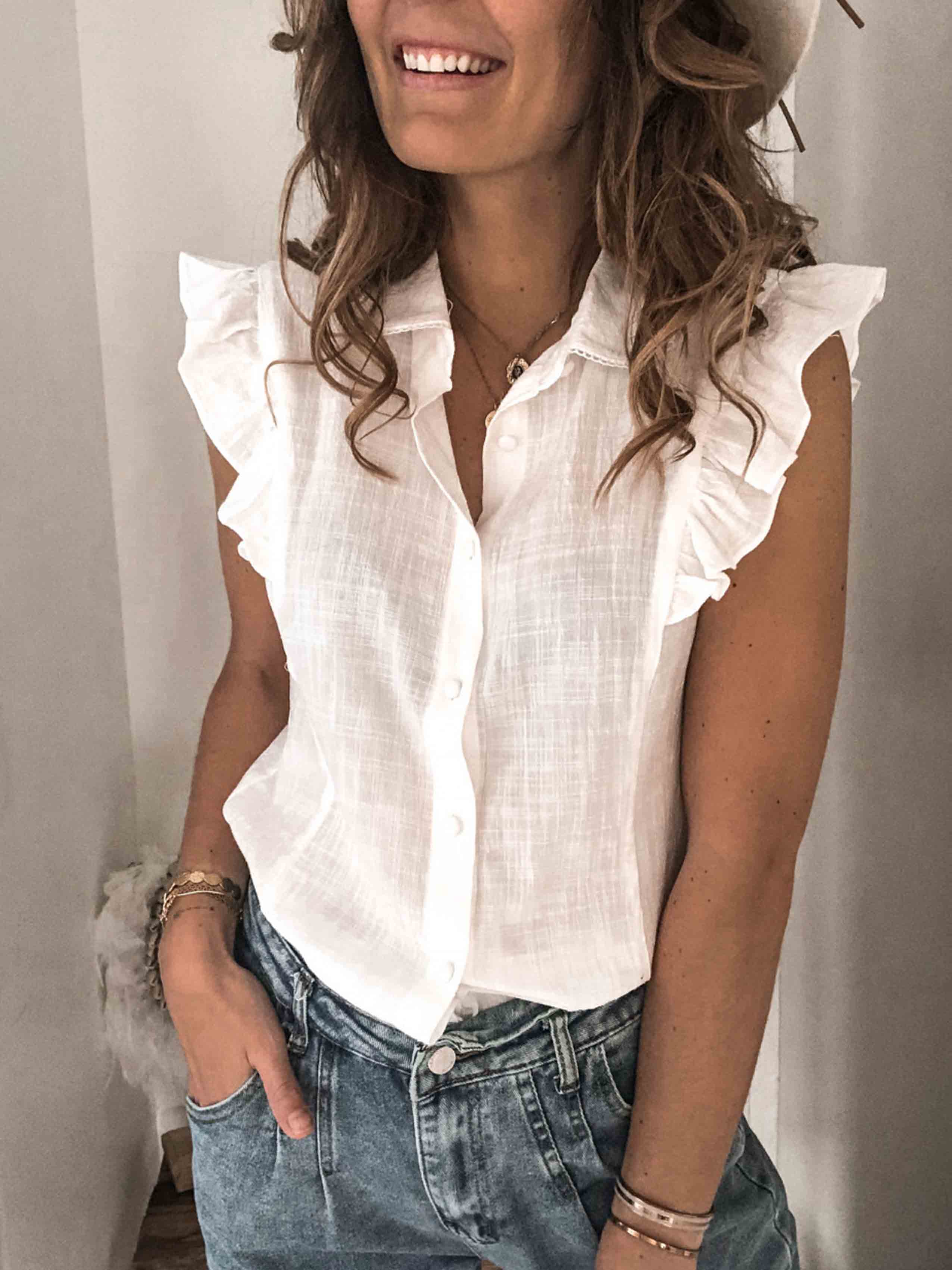 Amsoin Lapel Button Ruffled Shirt