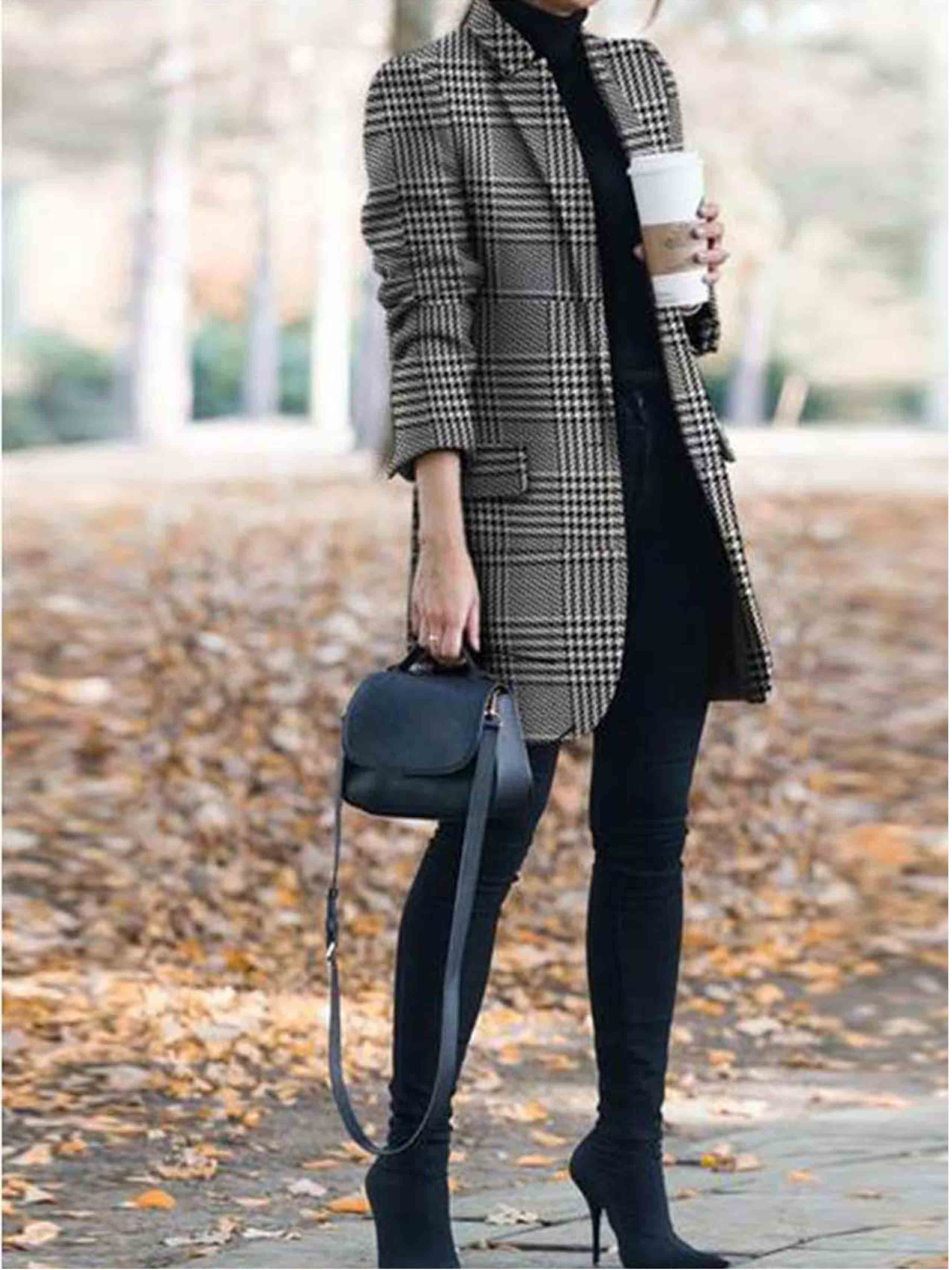 Amsoin Fashion check Print Coat