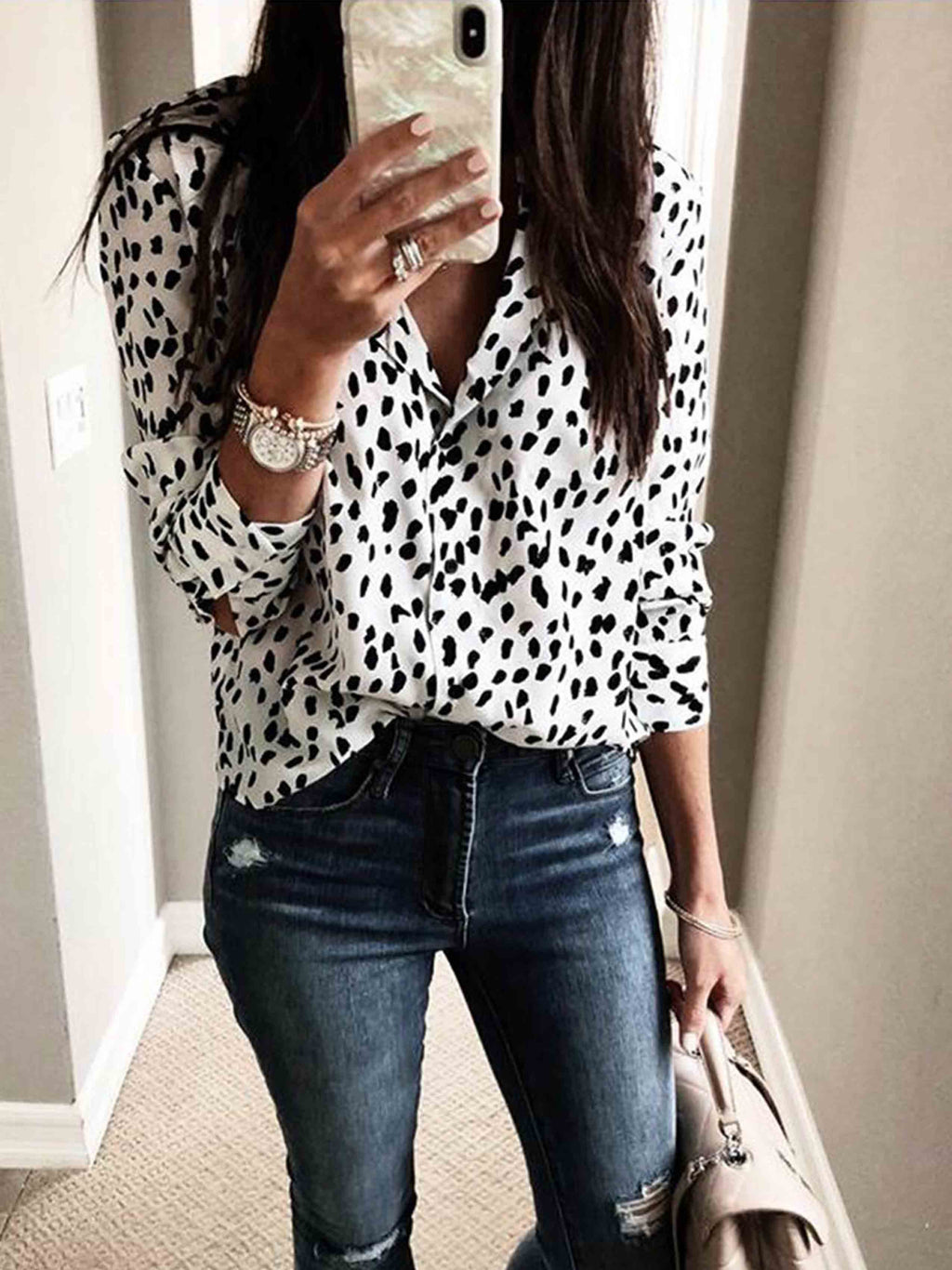 Amsoin Leopard Print Long Sleeve Shirt