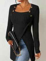 T-Shirts - Casual Ribbed Button Decor Asymmetrical Hem Long Sleeve T-Shirt - MsDressly