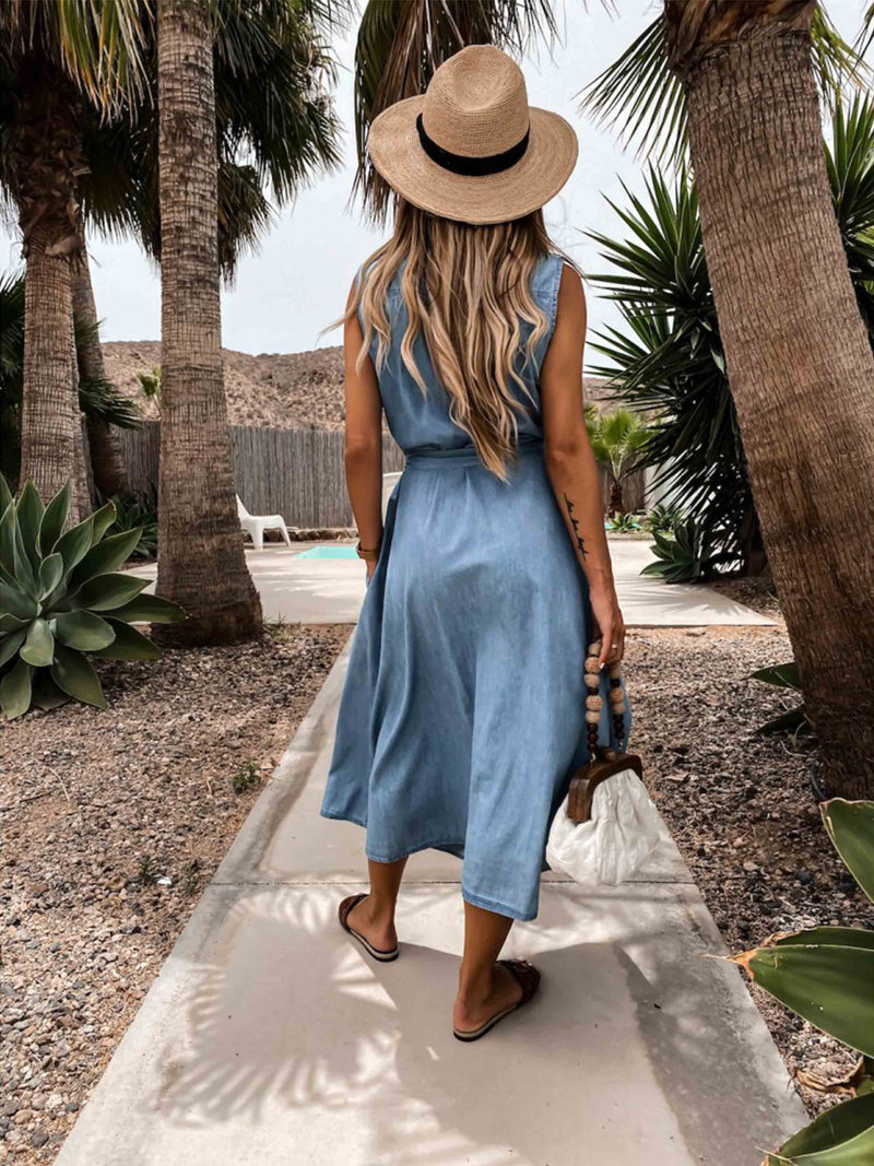 Amsoin Single-Breasted Denim Dress With Belt