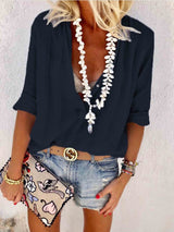 Amsoin Casual V Neck Button Blouse Tops