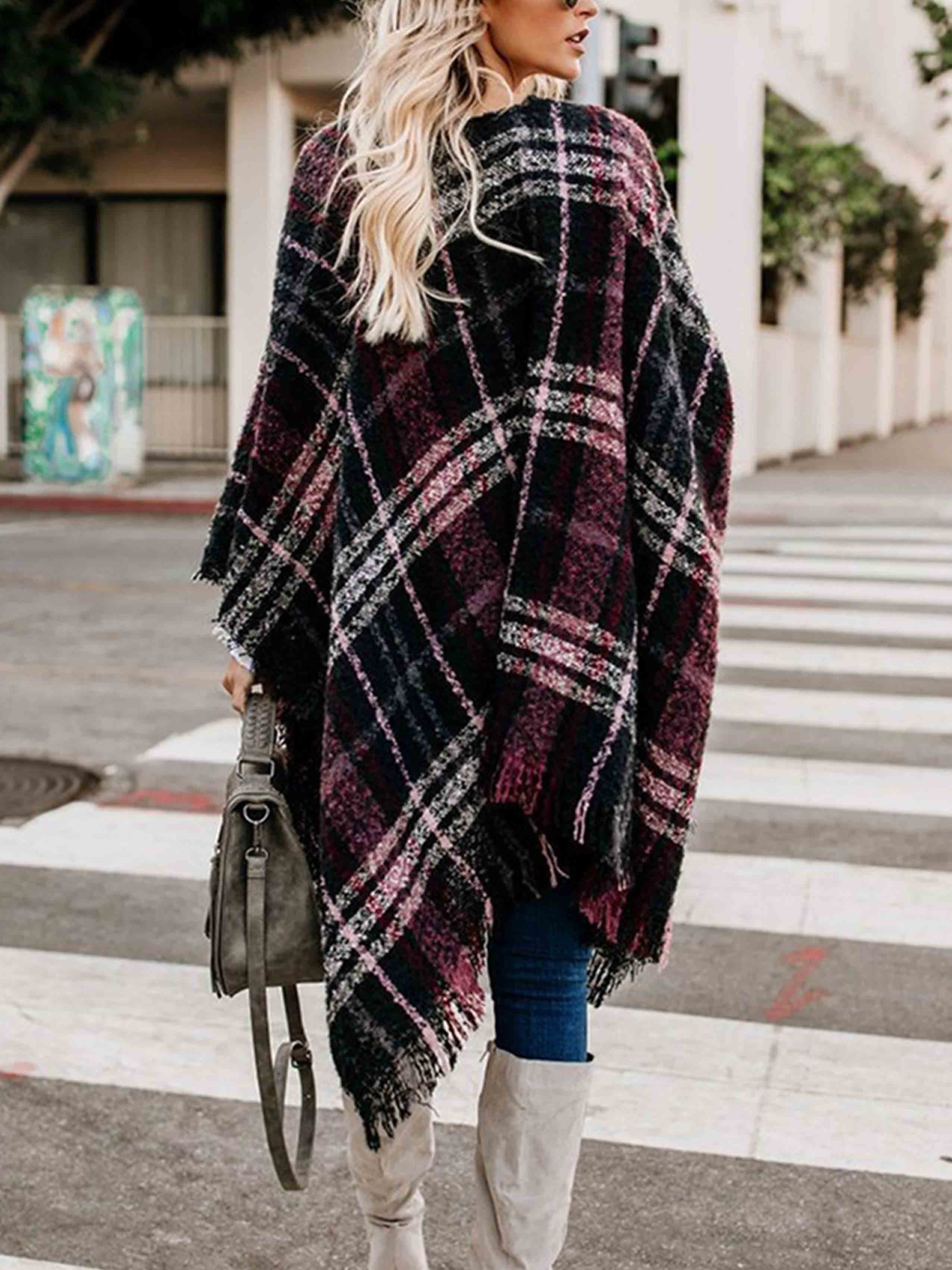 Amsoin Plaid Fringed Knit Shawl Coat