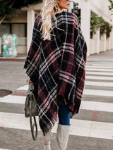 Amsoin Plaid Fringed Knit Shawl Coat