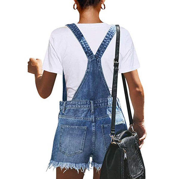 Amsoin Ripped Suspender Denim Hole Jumpsuit
