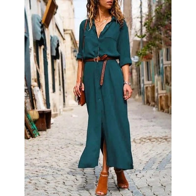 Amsoin Long Sleeve Slit Dress (Free Belt)