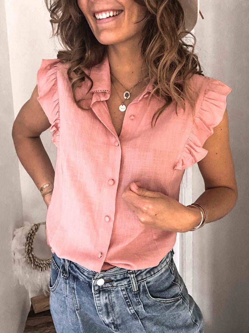 Amsoin Lapel Button Ruffled Shirt