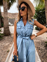Amsoin Single-Breasted Denim Dress With Belt