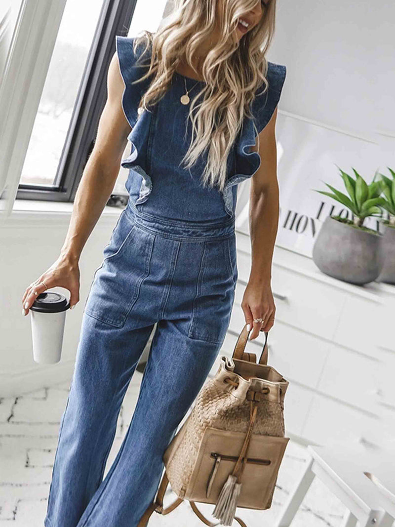 Amsoin O Neck Flouncing Denim Jumpsuit