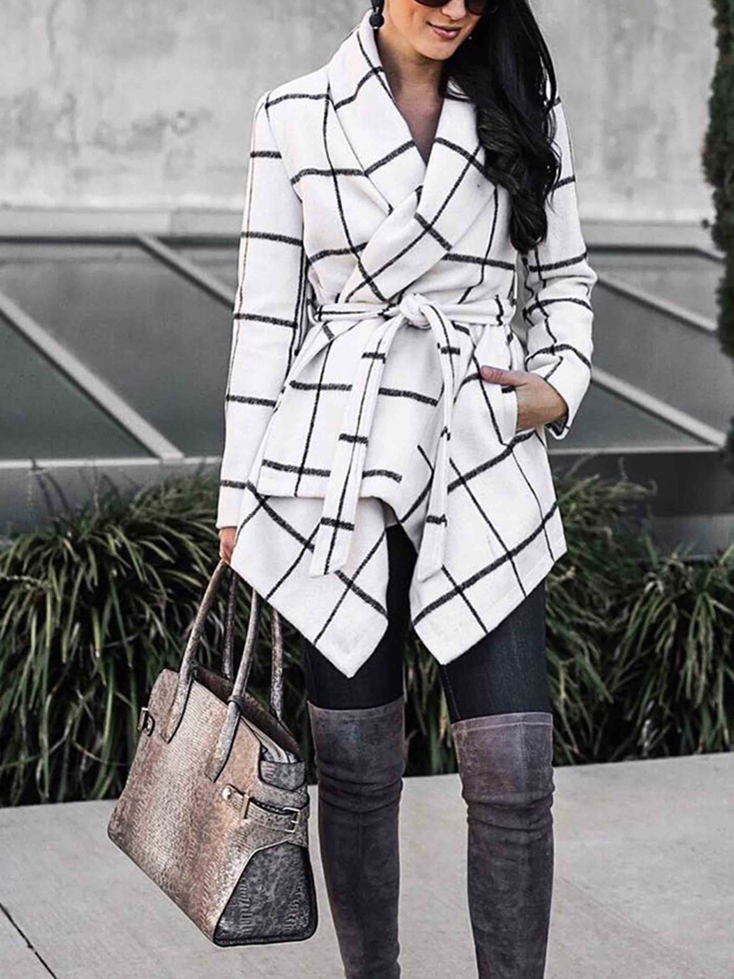 Amsoin Fashion Loose Check Coat