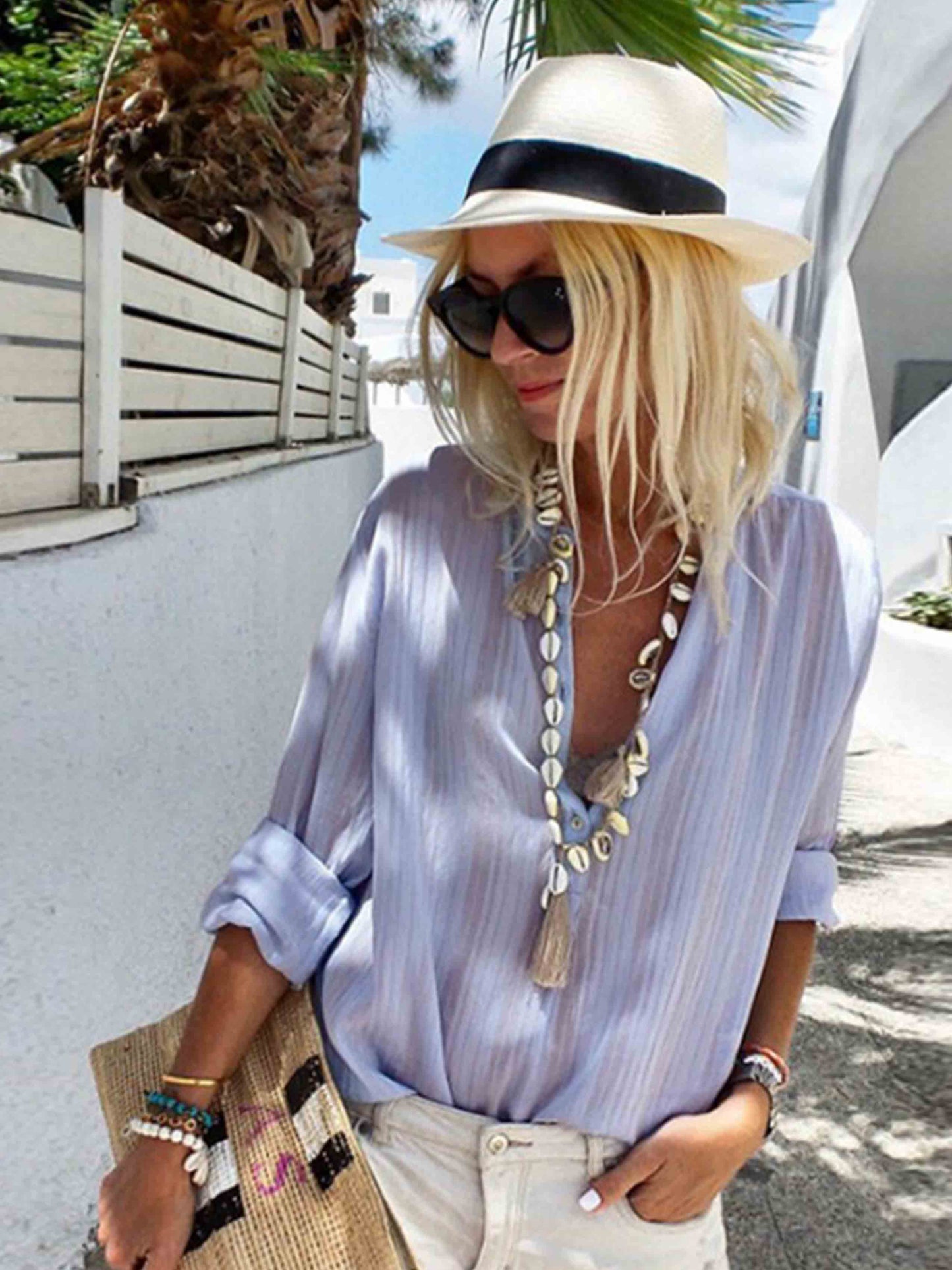 Amsoin Casual V Neck Button Blouse Tops