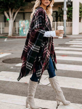 Amsoin Plaid Fringed Knit Shawl Coat