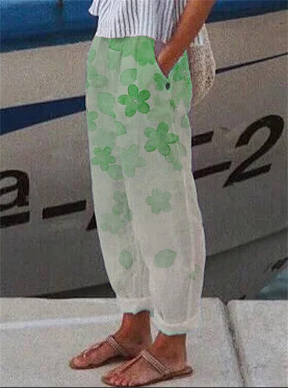 Loose Cotton Pocket Print Women's Pants