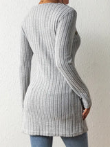 T-Shirts - Casual Ribbed Button Decor Asymmetrical Hem Long Sleeve T-Shirt - MsDressly