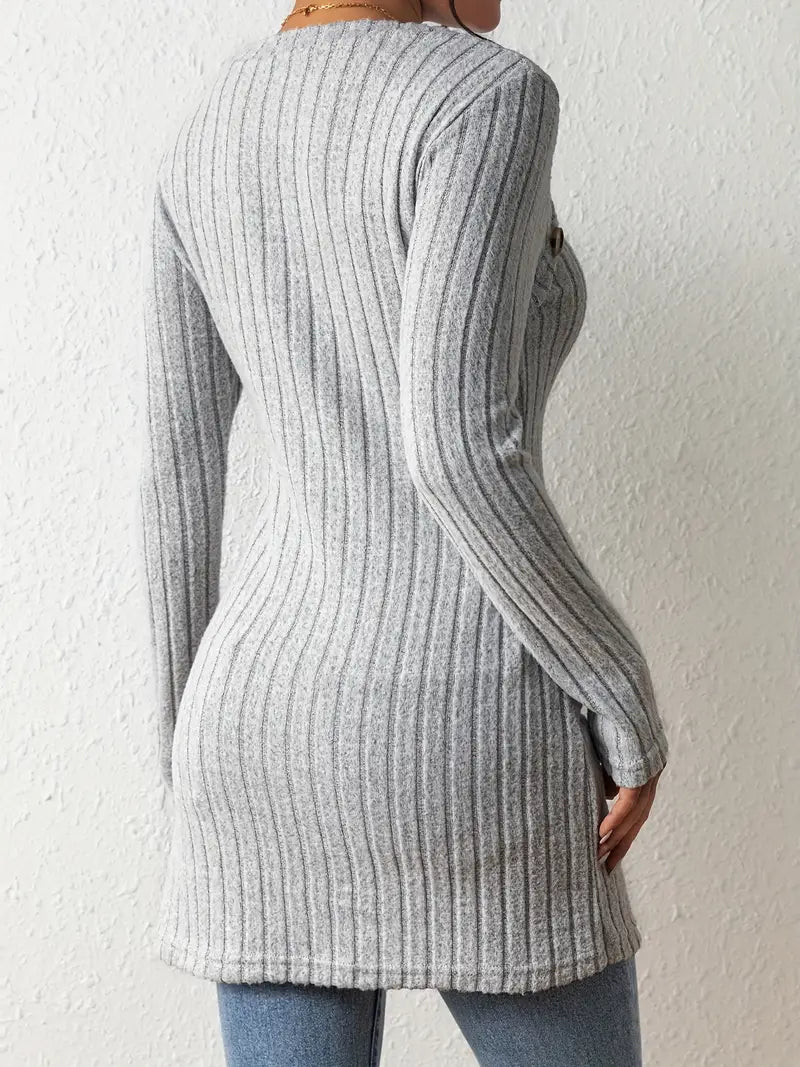 T-Shirts - Casual Ribbed Button Decor Asymmetrical Hem Long Sleeve T-Shirt - MsDressly