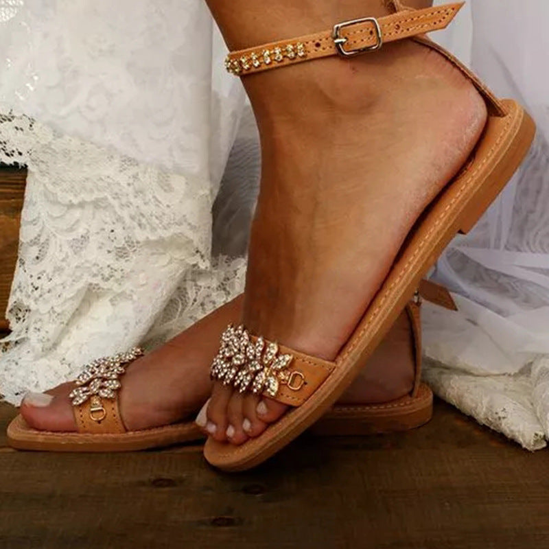 Amsoin Buckle Strap Fashion Rhinestone Flat Sandals