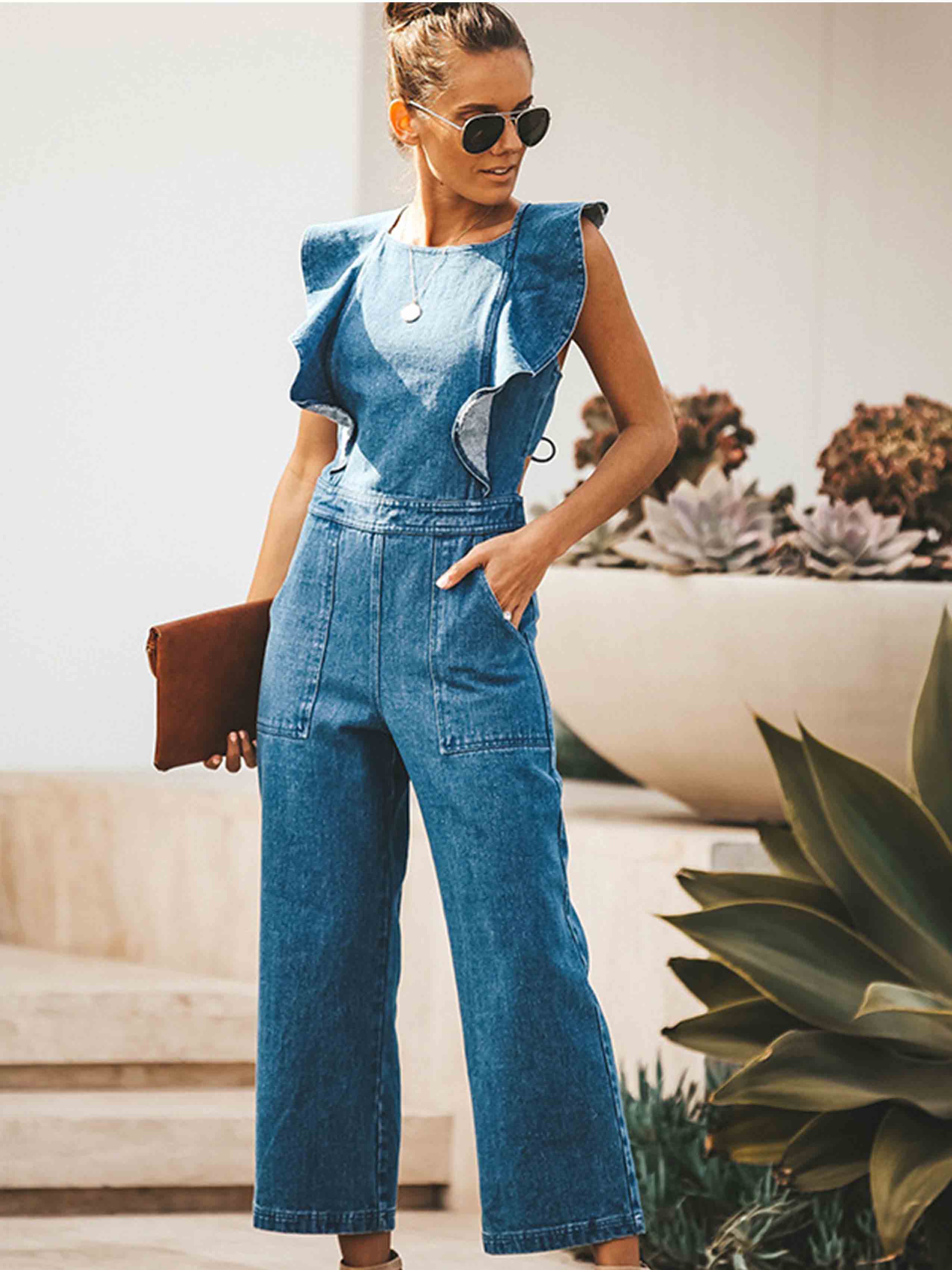 Amsoin O Neck Flouncing Denim Jumpsuit