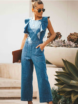 Amsoin O Neck Flouncing Denim Jumpsuit