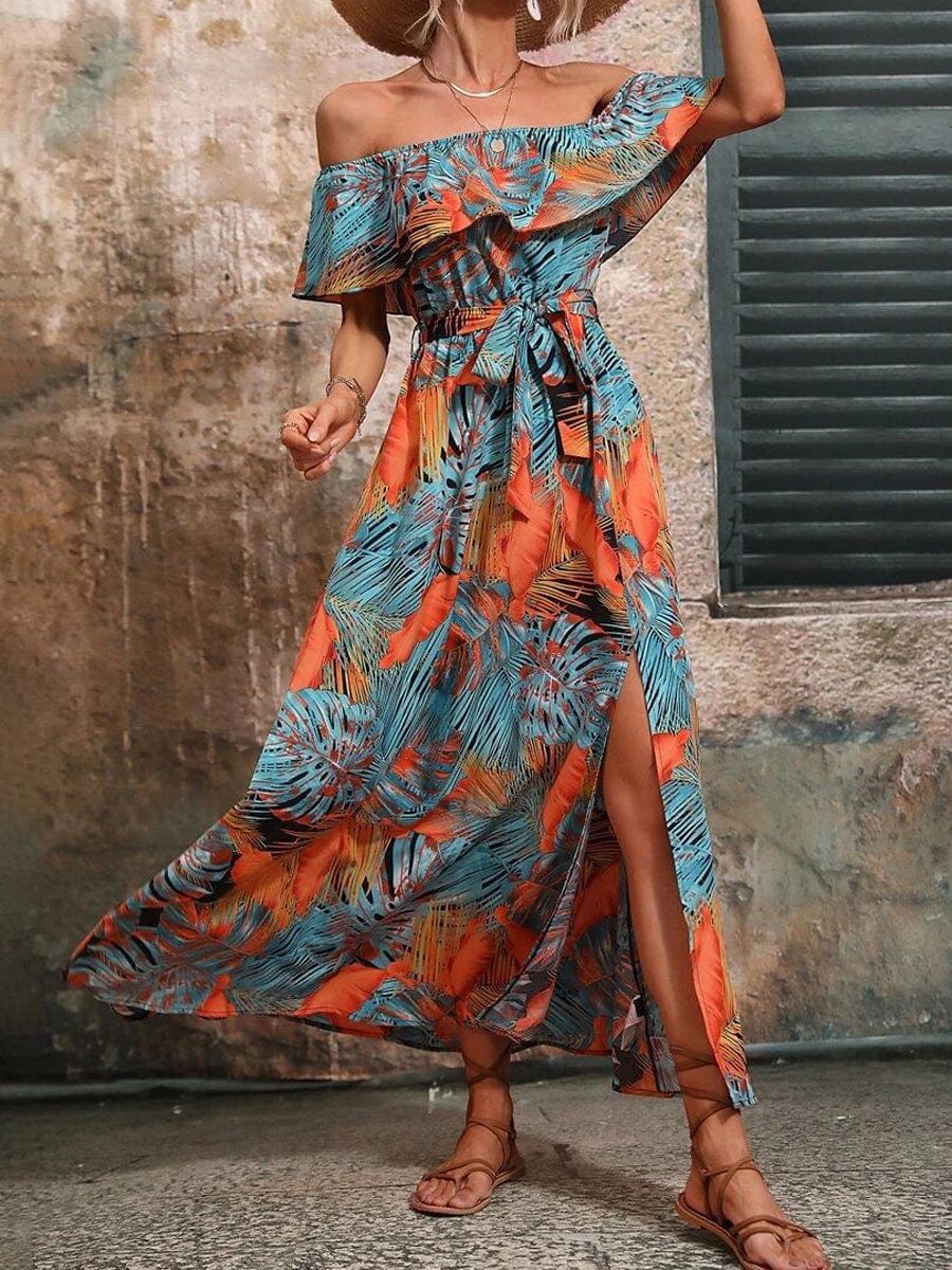 Fashion Print Sexy Slit High Waist Maxi Dress cc4DRE2305190220ORAS Yellow / 2 (S)