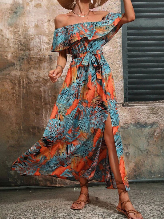 Fashion Print Sexy Slit High Waist Maxi Dress cc4DRE2305190220ORAS Yellow / 2 (S)