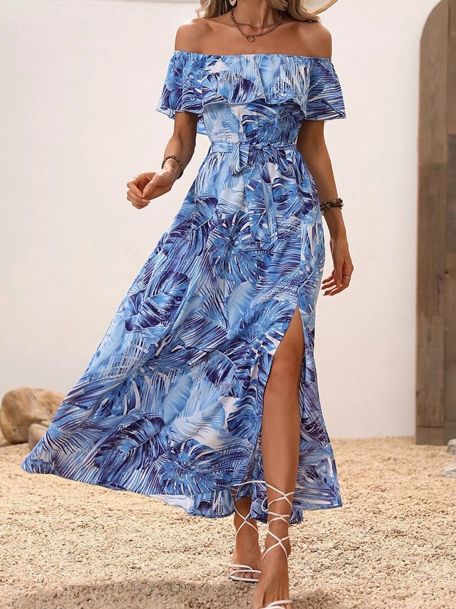 Fashion Print Sexy Slit High Waist Maxi Dress cc4DRE2305190220BLUS Blue / 2 (S)