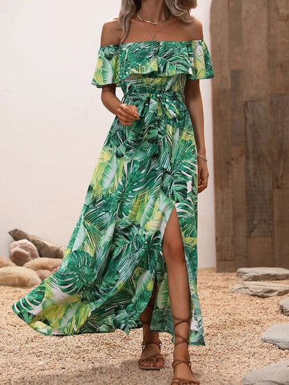 Fashion Print Sexy Slit High Waist Maxi Dress cc4DRE2305190220GRES Green / 2 (S)