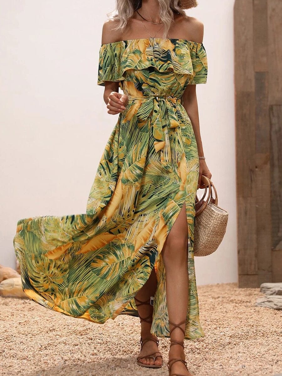 Fashion Print Sexy Slit High Waist Maxi Dress cc4DRE2305190220YELS Orange / 2 (S)