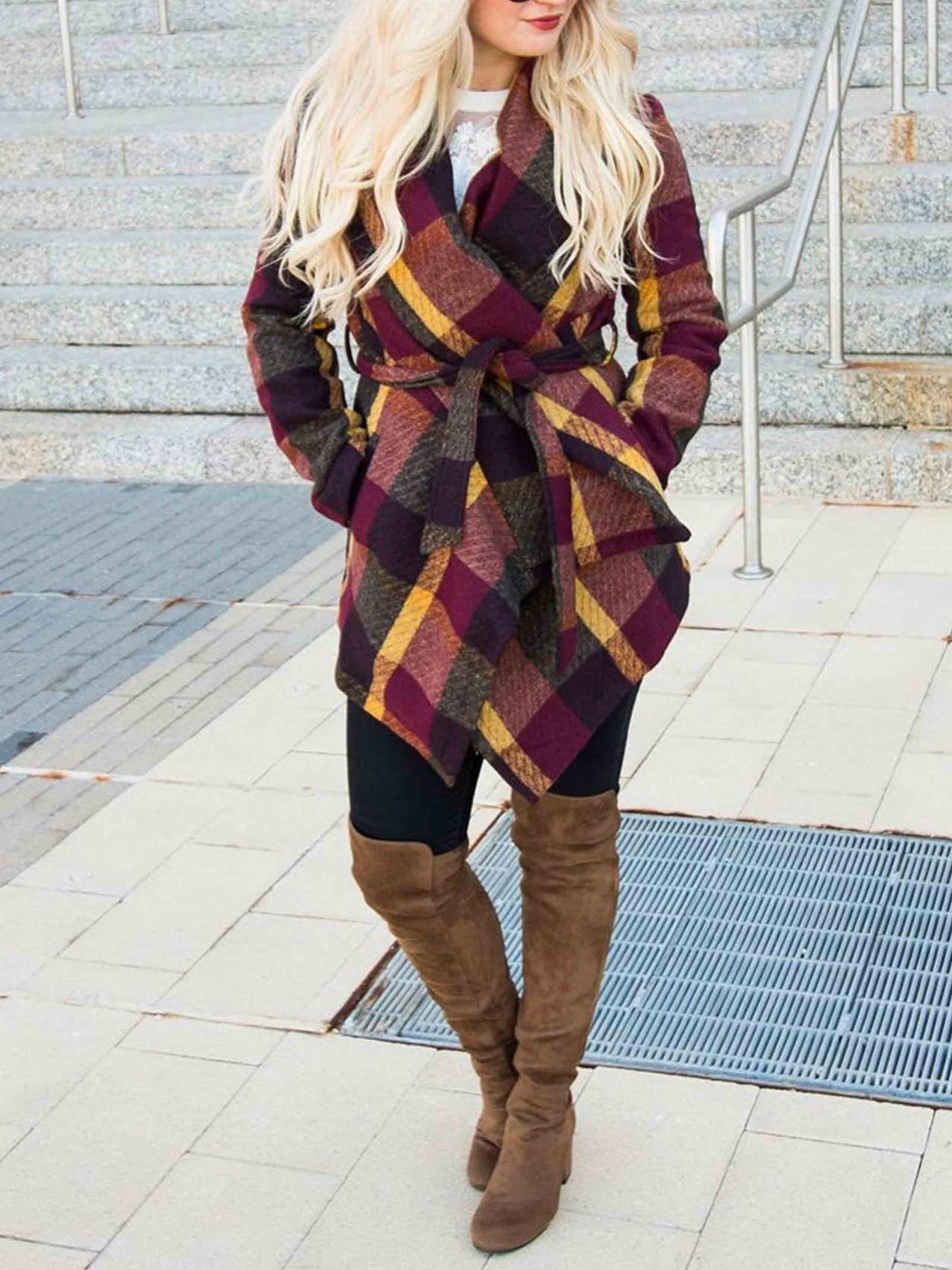 Amsoin Fashion Loose Check Coat