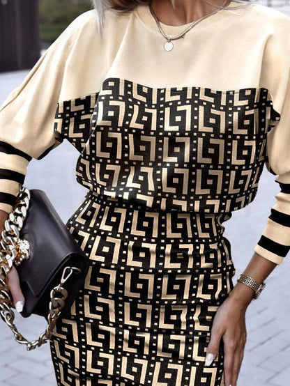 Amsoin Printed Crew Neck Long Sleeve Dress