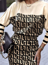 Amsoin Printed Crew Neck Long Sleeve Dress