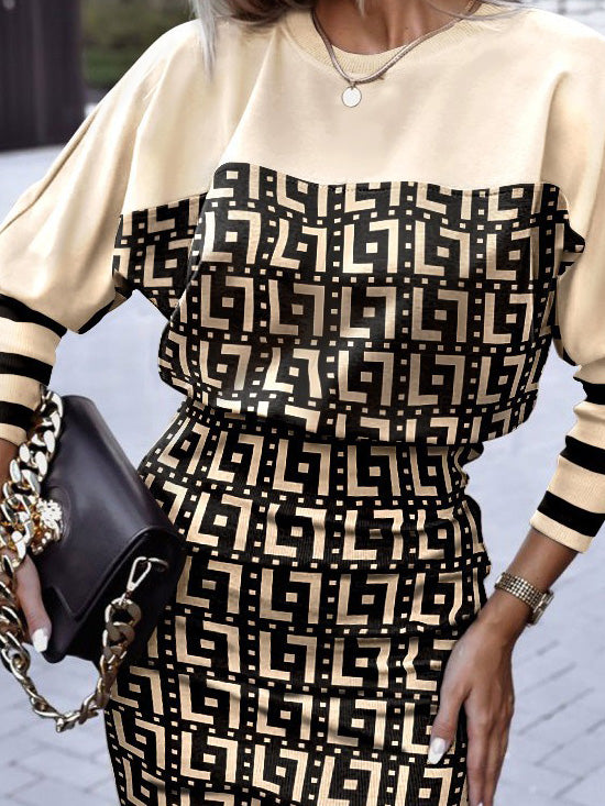 Amsoin Printed Crew Neck Long Sleeve Dress