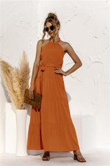 Halter Neck Tie Waist Tiered Maxi Dress MS231013010794FS Terracotta / S