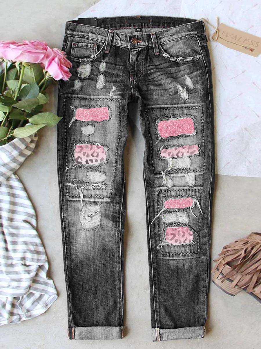 Amsoin Pink Leopard Denim Jeans