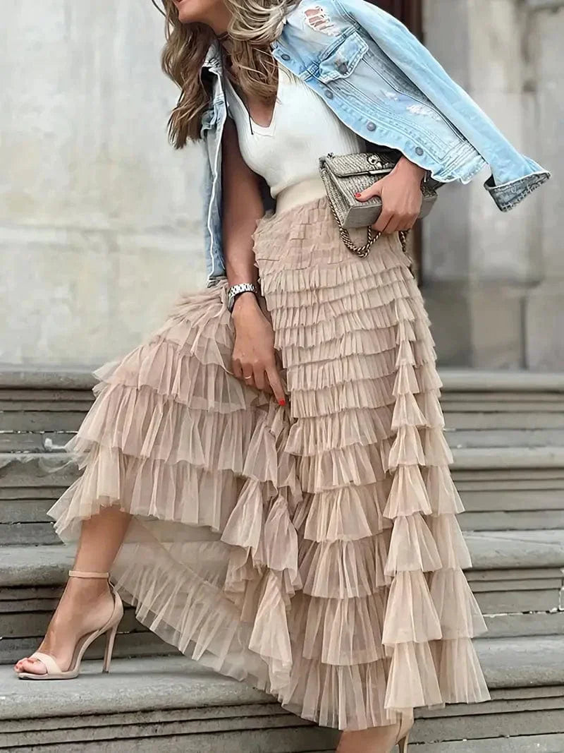 MsDressly Maxi Dresses Boho Solid Mesh Layered Hem High Waist Maxi Dress