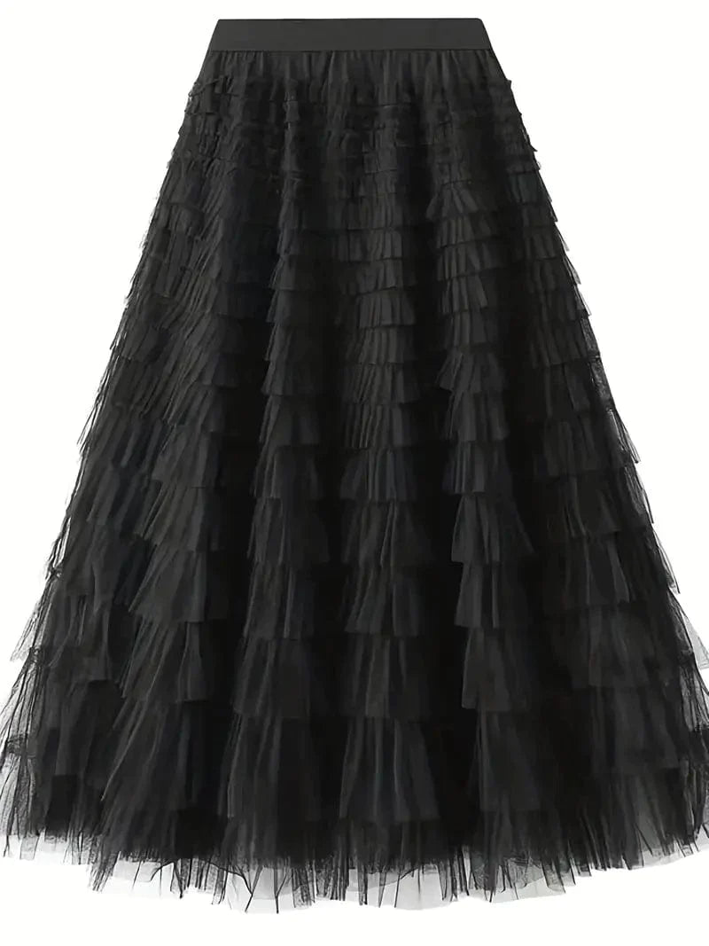 MsDressly Maxi Dresses Boho Solid Mesh Layered Hem High Waist Maxi Dress