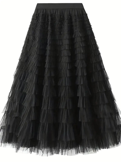 MsDressly Maxi Dresses Boho Solid Mesh Layered Hem High Waist Maxi Dress