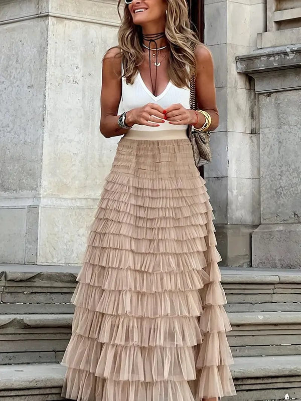 MsDressly Maxi Dresses Boho Solid Mesh Layered Hem High Waist Maxi Dress