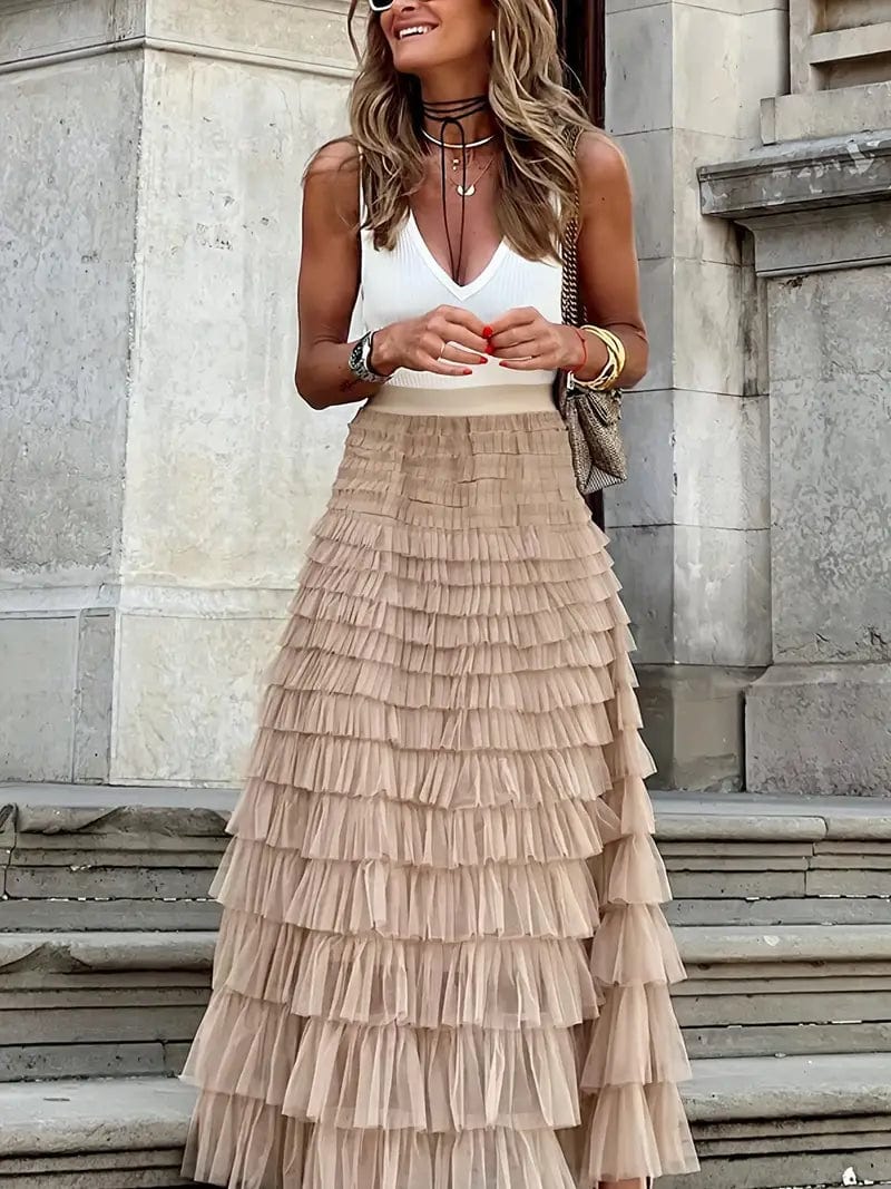 MsDressly Maxi Dresses Boho Solid Mesh Layered Hem High Waist Maxi Dress