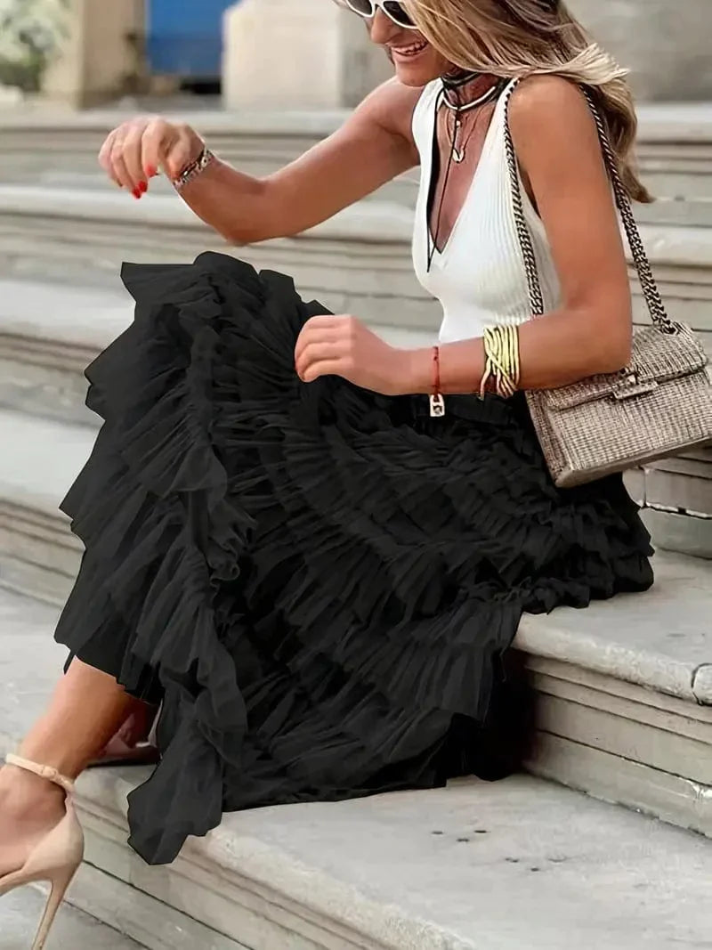 MsDressly Maxi Dresses Boho Solid Mesh Layered Hem High Waist Maxi Dress